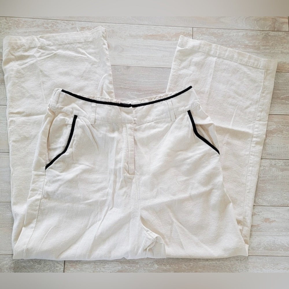 TAHARI WideLeg Linen Blend High waisted Women’s Cream pants with black trim.W:L🍦